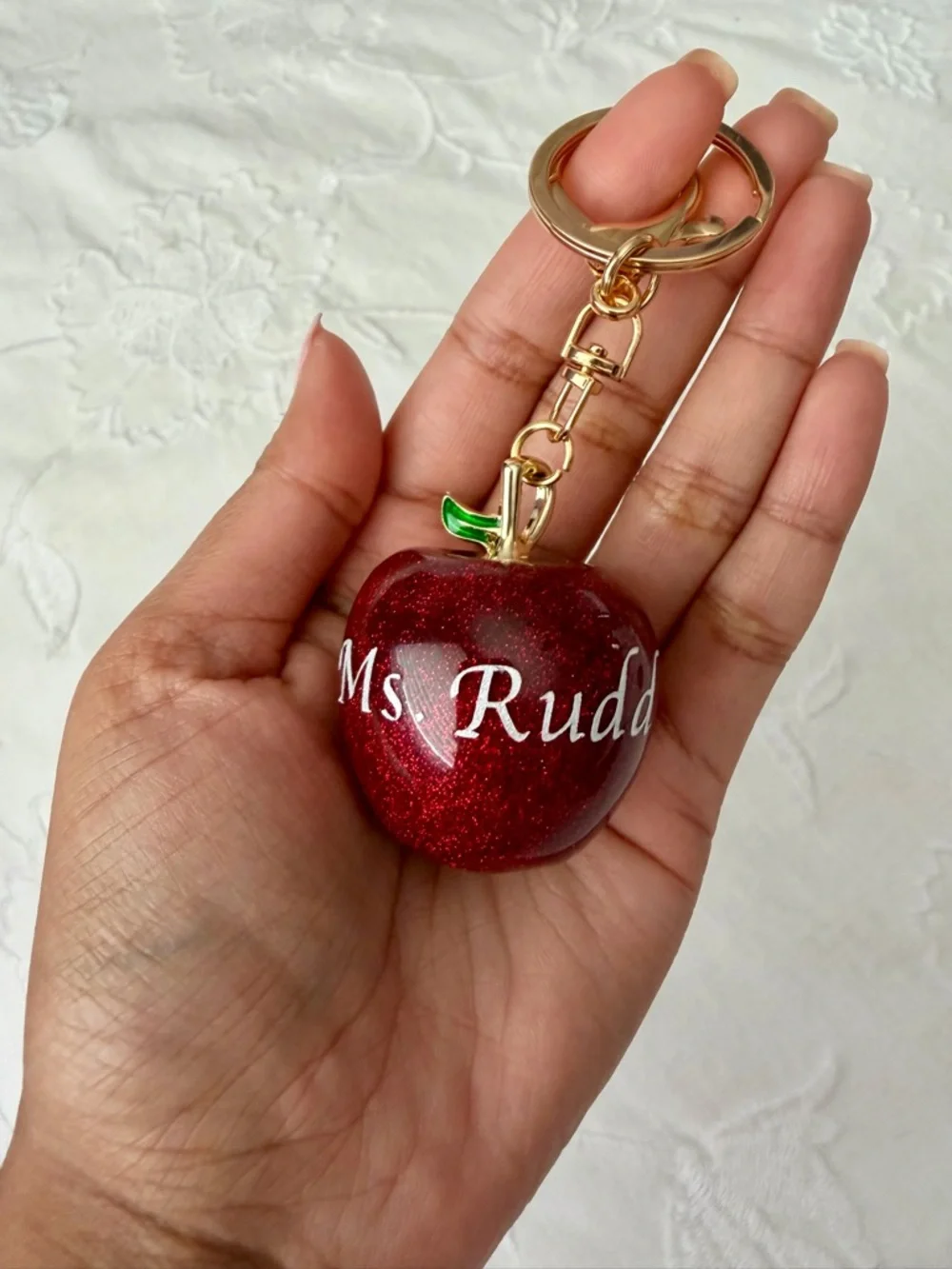 Personalized Custom Handmade Keychains Resin Shiny Apple for Teachers Gifts